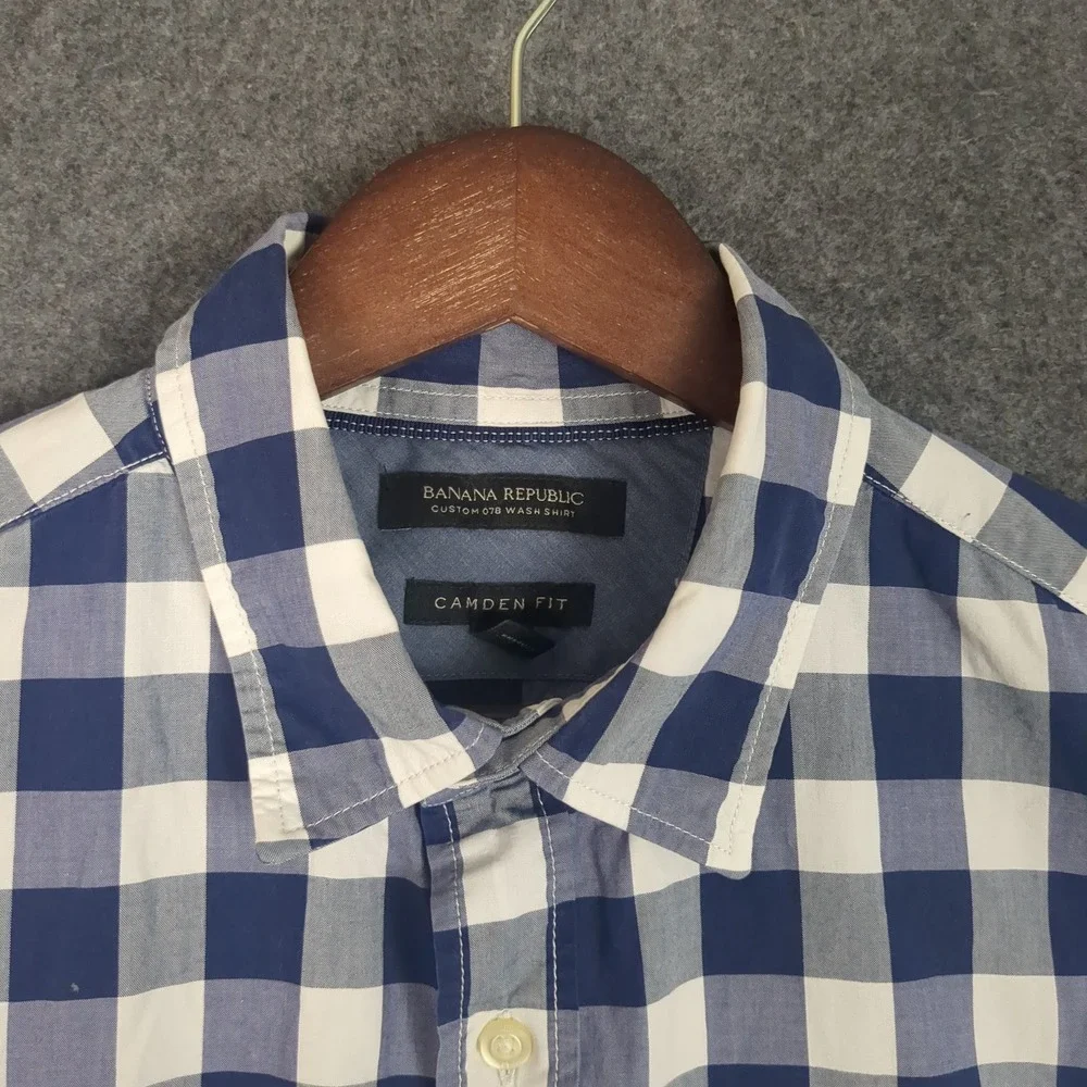 Banana Republic Camden Fit Gingham Check Button Down Shirt Navy Blue Mens Medium